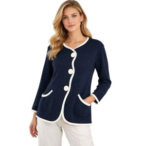 Bob Mackie Wearable Art Navy Contrast Trim Knit Jacket Cardigan Size L